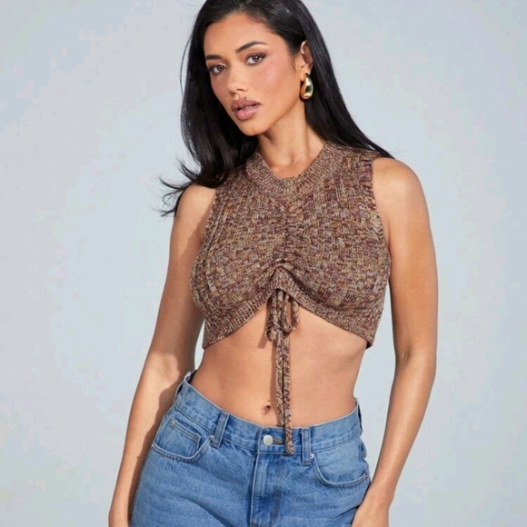 Women's Drawstring Front Crop Knit Top - Picture 1 of 4
